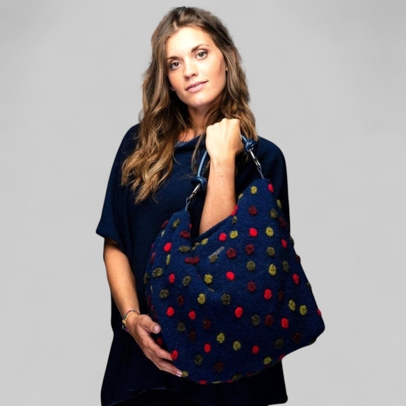 TERESA CAMBI Italy Large Felted Wool Pom Shoulder Bag Hobo Weekender Boho Tote - Picture 2 of 14